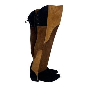 Vintage Over the Knee Leather Boots 6.5 Brown Black Patchwork Snip Toe Low Heel